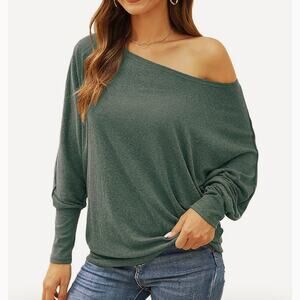 AIFER Off The Shoulder Oversized Batwing Sweater Green Tunic Top Women’s Large